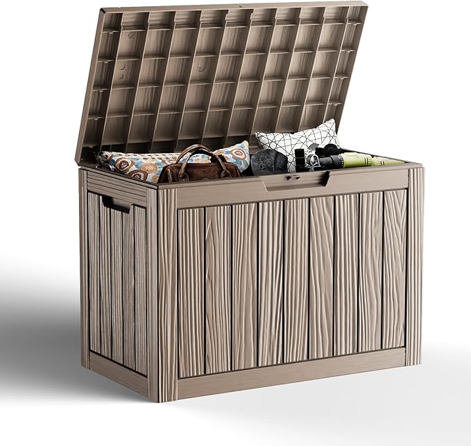 45 Gallon Deck Box Large Outdoor Storage for Patio Furniture,Outdoor Cushions,Garden Tools and Pool Supplies,Waterproof,Resin,Lockable(Grey)-Ruum Studio Home