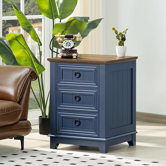 18" Farmhouse Night Stand with 3 Drawers, Wood End Table Dresser for Bedroom, Navy Blue Nightstand, Bed Side Table with Metal Handle, Bedside Cabinet for Bedroom Living Room, Closet-Ruum Studio Home