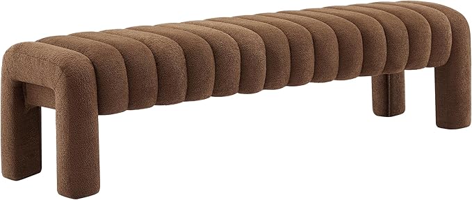 63" Bedroom Bench, Upholstered Entryway Bench, Modern End of Bed Ottoman with Solid Wood Legs and Adjustable Foot Pegs for Entryway, Dining Room and Living Room (Brown Boucle)-Ruum Studio Home