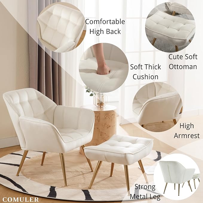 Beige Velvet Accent Chair with Ottoman ，Modern Reading Chair with Ottoman Set, Comfy Fuzzy Armchair Living Room Chair Lounge Chair with Metal Legs for Small Spaces Bedroom Apartment-Ruum Studio Home