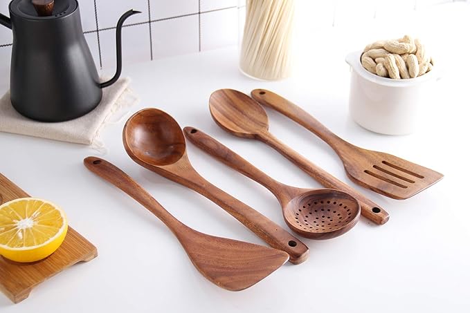 Wooden Spoons for Cooking, Cooking Utensils Set of 6 Natural Teak Wooden Cooking Spatulas with Utensils Holder Comfort Grip Wooden Kitchen Utensils for Nonstick Cookware-Ruum Studio Home