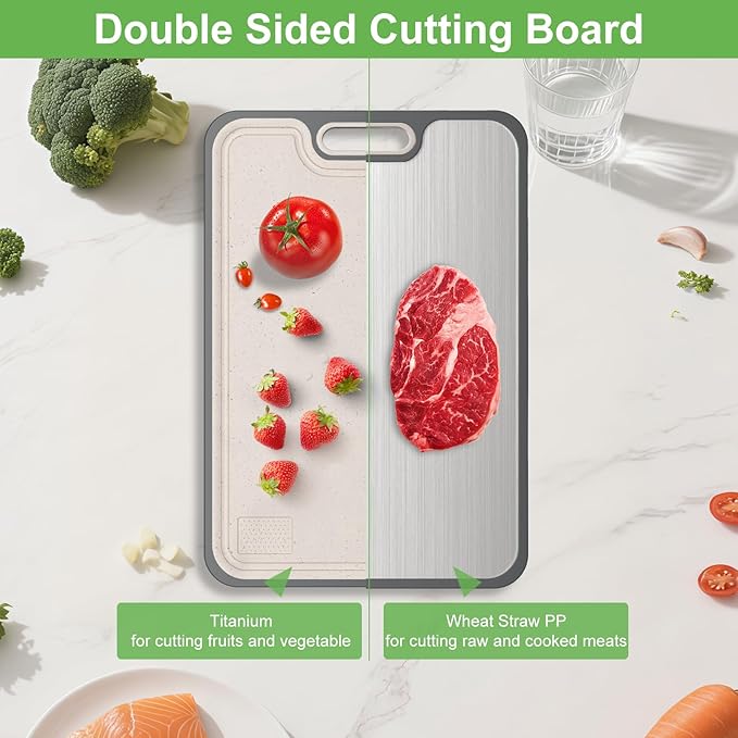 2IN1 Titanium Cutting Boards for Kitchen,Metal Cutting Boards With Pure Titanium and Wheat Straw PP,Double Sided Chopping Board with Juice Groove Dishwasher Safe Easy to Clean Non Toxic 15"X10"-Ruum Studio Home