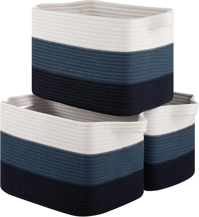 Storage Basket for Organizing, Woven Baskets for Storage, Rectangle Decorative Baskets for Shleves, Closet, Toys, Books, Nursery Organizer Bins - Pack of 3 (Gradient Blue)-Ruum Studio Home