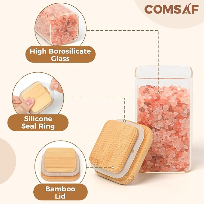 ComSaf Spice Jars with Labels 8 oz 16Pack, Small Spice Containers Starter Set, Glass Seasoning Jars with Lids, Square Seasoning Containers for Salt, Pepper, Chili Powder, Sugar, Loose Tea Storage-Ruum Studio Home