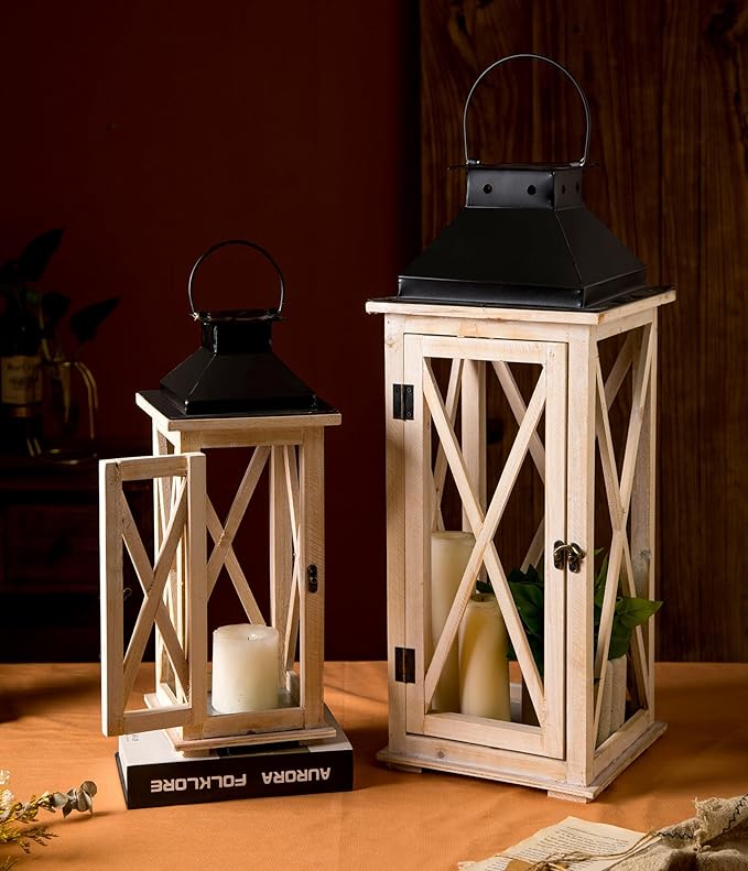 TIMRIS Large Wooden Candle Lanterns Decorative Set of 2, Rustic Farmhouse Whitewash Floor Lanterns, Indoor/Outdoor Hanging Lanterns for Home Decor (No Glass)-Ruum Studio Home