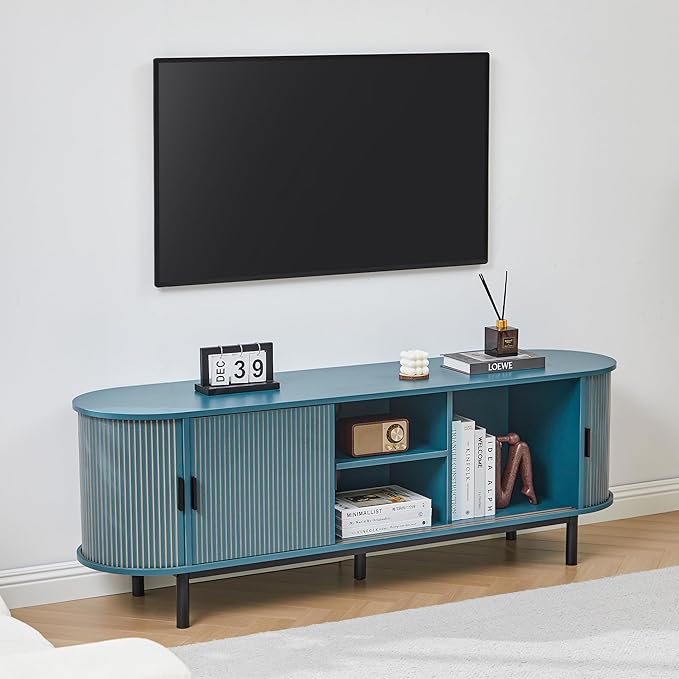 62" Tambour Door TV Stand,Wood Mid Century Modern TV Cabinet for Up to 75“ TV,Curved Edge Long TV Stand with Storage for Bedroom Living Room(62.2inch,Blue)-Ruum Studio Home