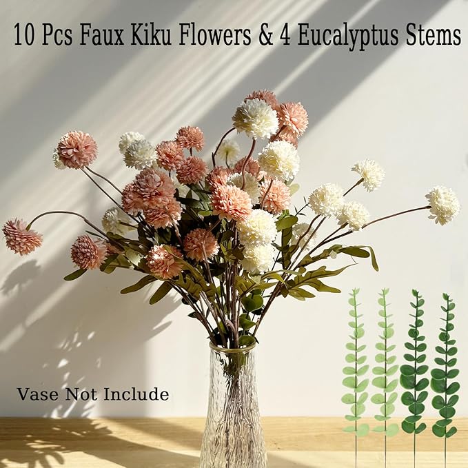 Faux White & Pink Kiku Flower, 10 Stems with 5 Heads Each & 4 Branches Eucalyptus Stems, Artificial Small Mini Chrysanthemum Flowers for Aesthetic Room Decor, Floral Arrangements Centerpiece-Ruum Studio Home