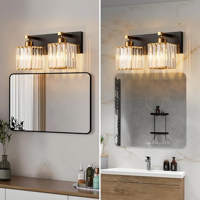 Modern Bathroom Vanity Light 2-Lights Black Gold Crystal Bathroom Wall Light Vanity Light Fixtures，12.59-inch Modern Minimalist Design-Ruum Studio Home