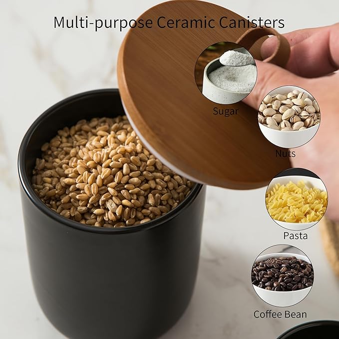 Black Ceramic Canister Set, 3pcs Ceramic Kitchen Canisters for Countertop with Airtight Wood Lids, Large Flour and Sugar Containers for Coffee, Tea, Spice-Ruum Studio Home