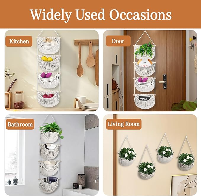 4 Tier Hanging Fruit Basket for Kitchen, 4 Pack Detachable Cotton Crocheted Wall Hanging Baskets Shelf Over Door Organizer for Fruit Veggie Plant, Hanging Storage Basket for Bathroom Bedroom(Beige)-Ruum Studio Home