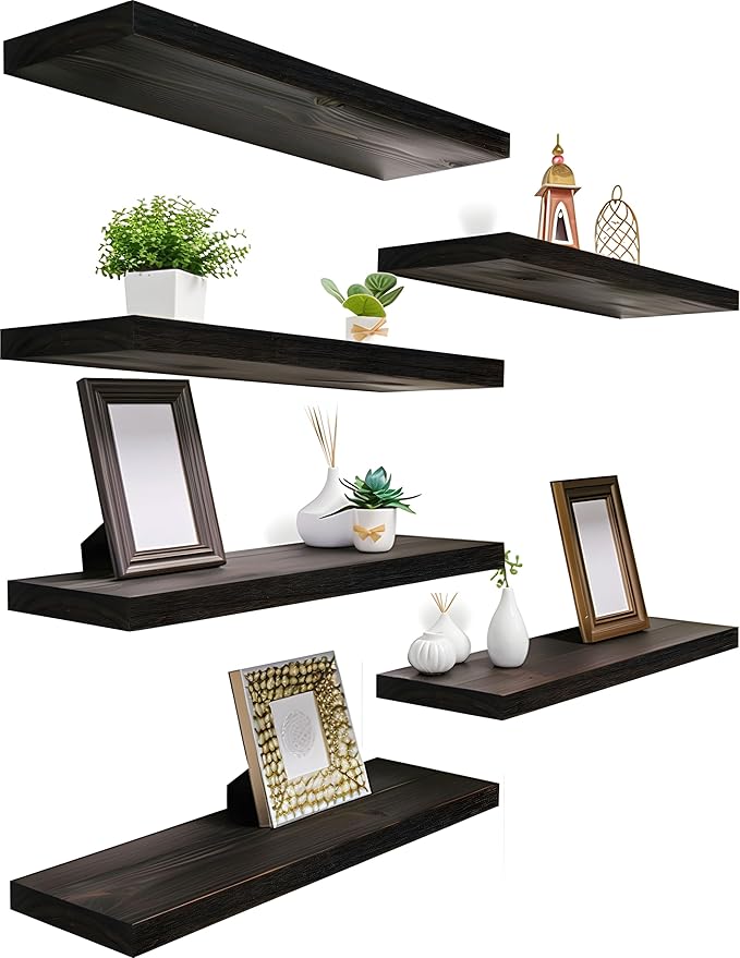 Wood Floating Shelves for Wall Decor, Rustic Wall Shelves for Bedroom Bathroom Kitchen Living Room, Set of 6 Walnut-Ruum Studio Home