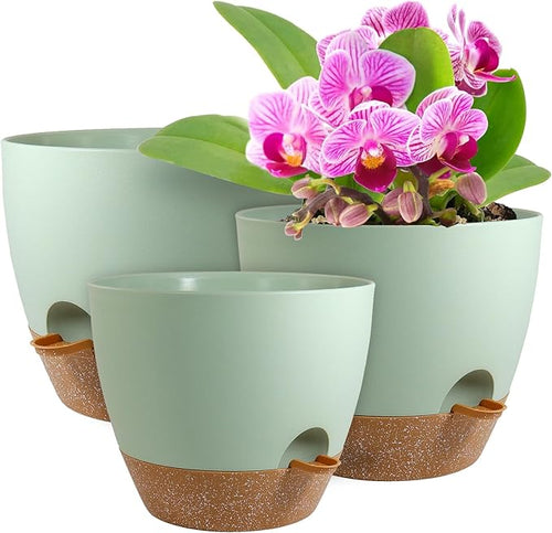 10/9/8 inch Self Watering Pots, Planter, Plant Pots with Mesh Drainage Holes for Indoor Outdoor Garden Plants, Plastic Flower Pots with Deep Reservoir for House Plants, Green with Brown-Ruum Studio Home