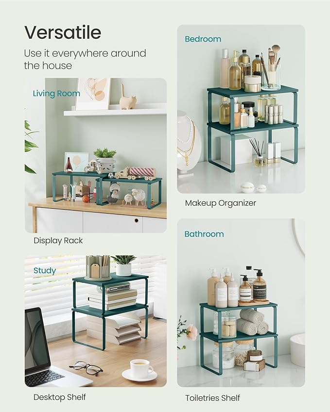 SONGMICS Cabinet Organizer Shelf, Set of 2 Kitchen Counter Shelves, Kitchen Storage, Spice Rack, Stackable, Expandable, Metal and Engineered Wood, Marrs Green UKCS002C02-Ruum Studio Home
