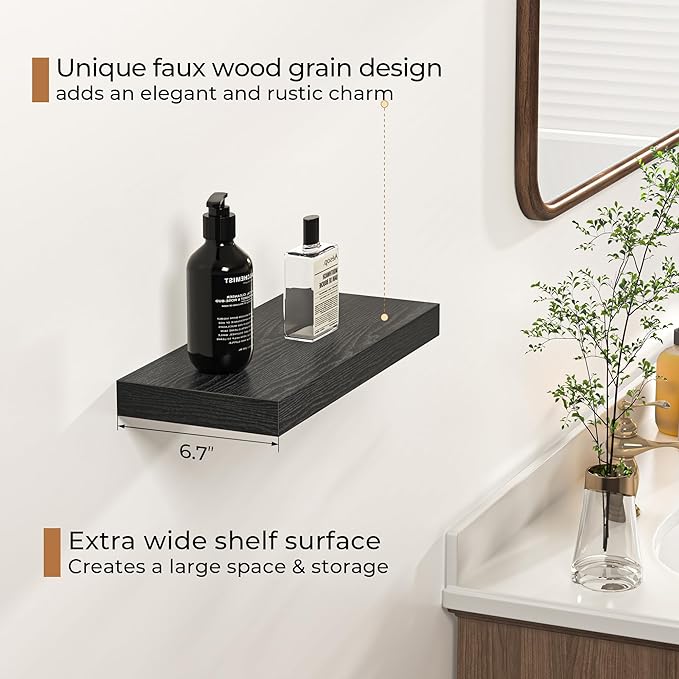 Fun Memories Floating Shelves - 16 Inch Rustic Black Wall Shelf - Wall Mounted Shelves for Wall Decor Storage - Wooden Shelves with Invisible Brackets for Living Room, Bedroom, Kitchen, 2 Pack-Ruum Studio Home