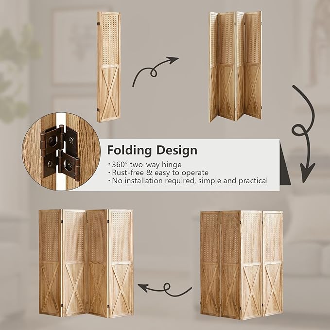 4 Panel Pegboard Wood Room Divider, 5.6Ft Pegboard Display Folding Privacy Screens, Peg Board Display Freestanding for Trade Show Craft Show Home Wall Organizer, Light Brown-Ruum Studio Home
