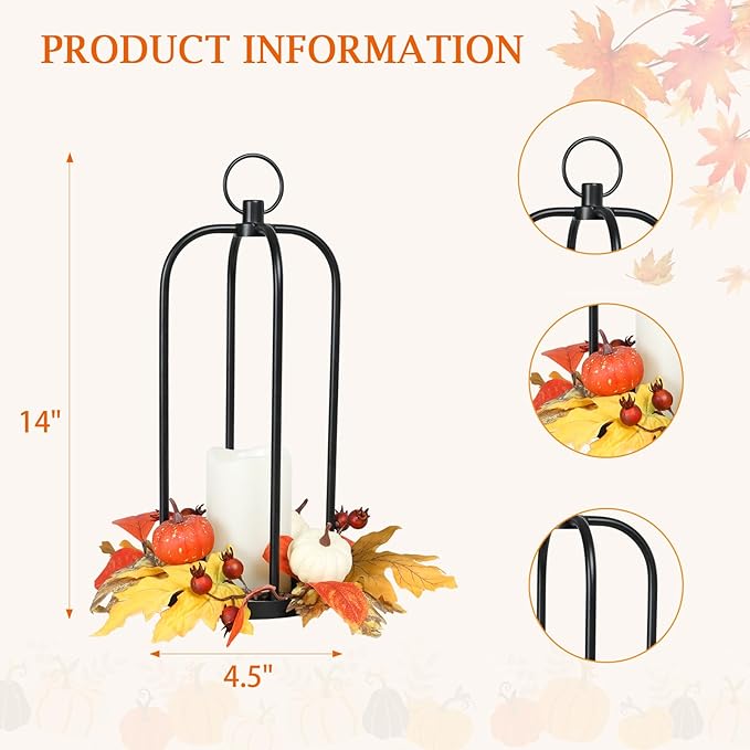 Fall Decor Lanterns Outdoor, 14" Waterproof Decorative Lantern Indoor Decor Metal Hanging Candle Holder LED Flameless Candle Lantern for Patio, Porch, 2 Packs-Ruum Studio Home