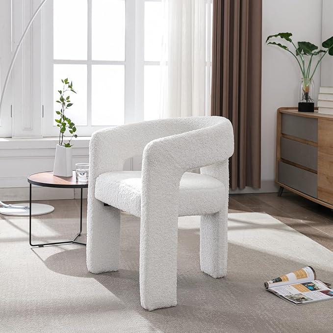 White Boucle Dining Chairs Set of 2, Modern Barrel Dining Room Chairs Upholstered Faux Fur Accent Chair with Arms and Round Back for Living Room Kitchen Armchair No Assembly Needed-Ruum Studio Home