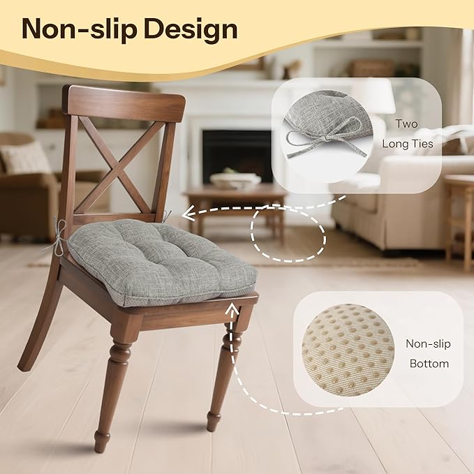 Non Slip Chair Cushions for Dining Chairs Set of 4 Kitchen Chair Cushions 18"x18"x3" Turfted Chair Pads Comfortable and Soft Seat Cushion with Ties, Light Grey-Ruum Studio Home
