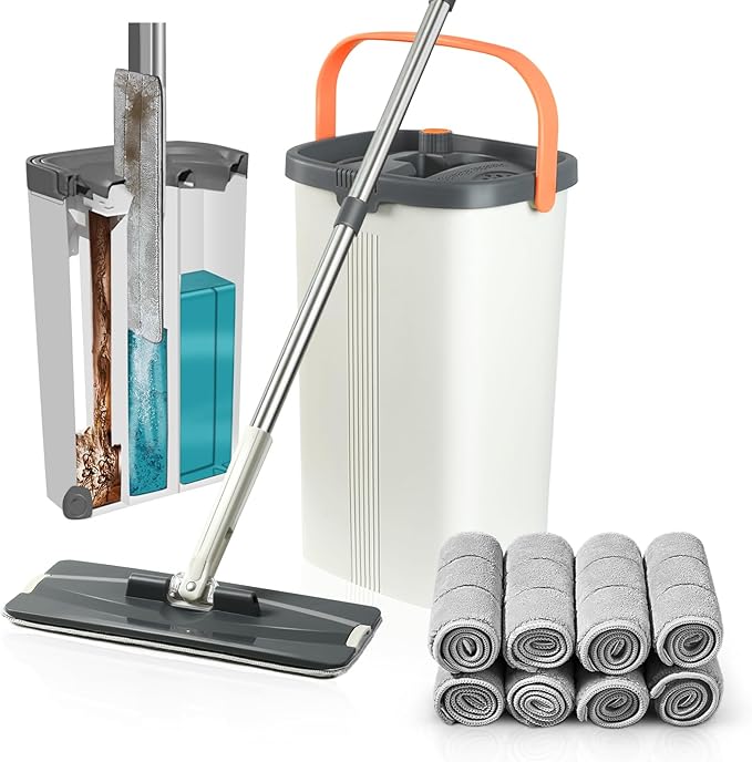 Jelymark Flat Mop and Bucket with Wringer Set, Separates Dirty and Clean Water, 3-Chamber Mop Wet and Dry Use, Not-Hands Squeeze Mops for Floor Cleaning, 8 Reusable Microfiber Mop Pads Included-Ruum Studio Home