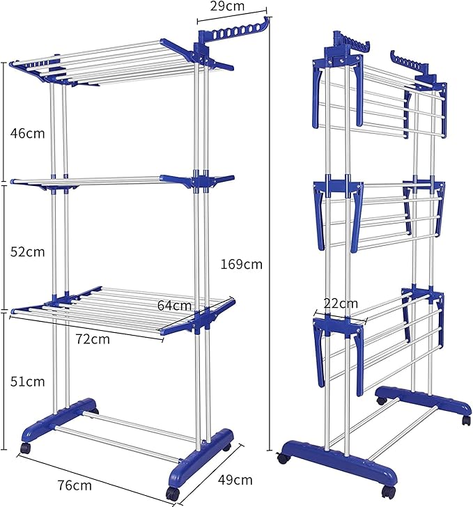 Bigzzia Clothes Drying Rack, Folding Stainless Steel Drying Rack Clothing Indoor Outdoor, Space-Saving, 4 Tier Laundry Drying Rack with Two Side Wings Grey Blue-Ruum Studio Home