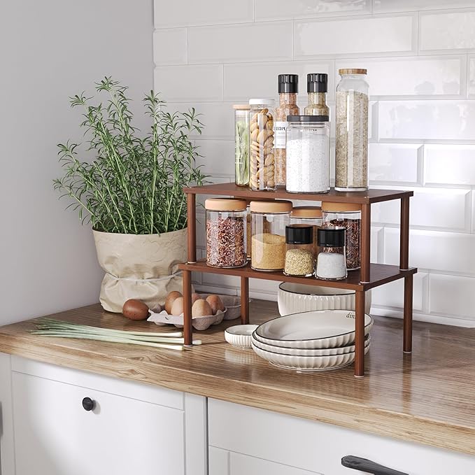 Cabinet Organizer Shelf(Set of 2),Kitchen Counter Shelves,Bamboo Spice Rack Countertop and Cabinet,Stackable Expandable,Large(Brown)-Ruum Studio Home