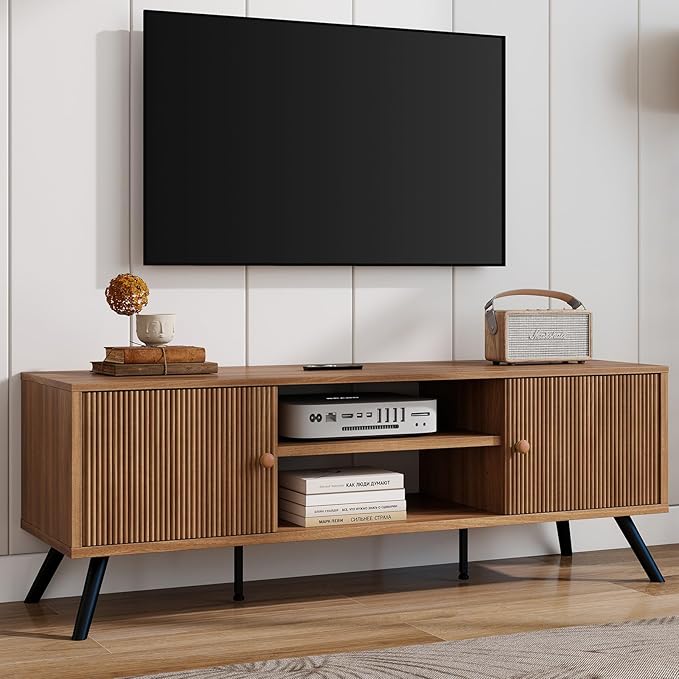 COMHOMA TV Stand for Living Room, Mid Century Modern Entertainment Center for 55/60/65 Inch TVs, Retro Brown TV Console with Fluted Door Cabinets and Open Adjustable Shelve Storage for Bedroom-Ruum Studio Home