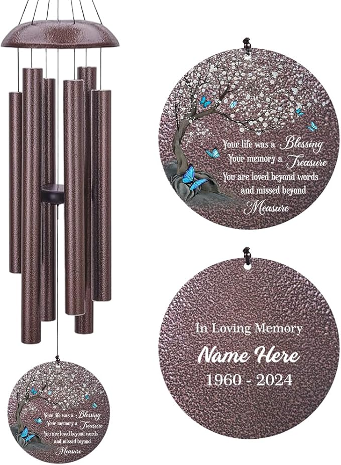 Personalized Wind Chimes, Blue Butterfly Sympathy Wind Chime, in Loving Memory for Loss of Loved Dad/Mom, Metal Large Memorial Condolences Gifts, 36inch Deep Tone Wind Chime-Ruum Studio Home