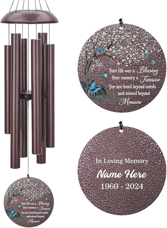 Personalized Wind Chimes, Blue Butterfly Sympathy Wind Chime, in Loving Memory for Loss of Loved Dad/Mom, Metal Large Memorial Condolences Gifts, 36inch Deep Tone Wind Chime-Ruum Studio Home