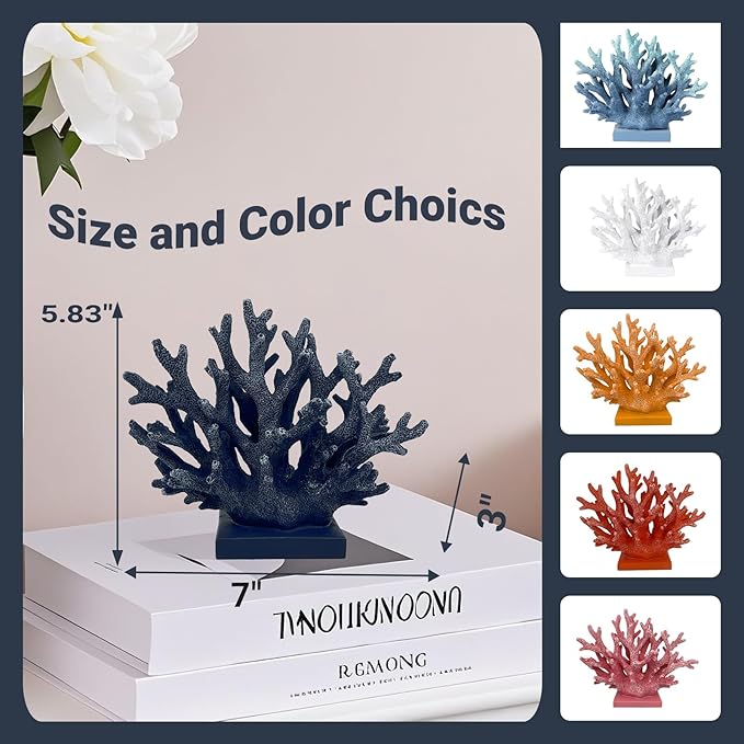 5.8" H Dark Blue Coral Decor - Resin Coral Statue, Nautical Decor for Home, Bedroom, Bathroom, Living Room, Ocean Themed Cabinet Shelf Tabletop Decoration-Ruum Studio Home