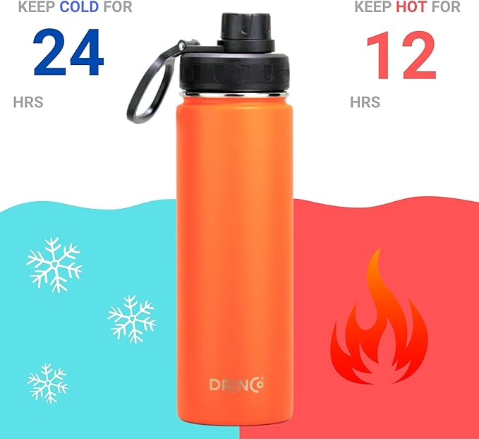 DRINCO Stainless Steel Water Bottle Spout Lid Vacuum Insulated Double Wall Water Bottle Wide Mouth (40oz 32oz 22oz 18oz 14oz) Leak Proof Keep Cold Sport Camping Hiking (22 oz, 22oz Orange)-Ruum Studio Home