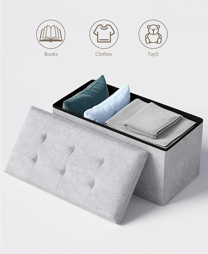 Storage Ottoman Bench, Folding Ottoman Foot Rest, 15 x 30 x 15 Inches, End of Bed Bench, Storage Chest, for Living Room, Bedroom, Hallway, Entryway, Light Gray-Ruum Studio Home