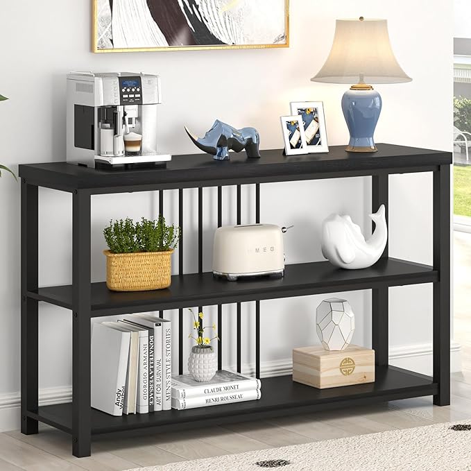 FOLUBAN Entryway Table, Modern Sofa Console Table with 3 Tier Storage Shelf for Living Room Hallway Foyer, Industrial Black Oak-Ruum Studio Home