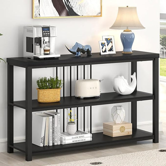 FOLUBAN Entryway Table, Modern Sofa Console Table with 3 Tier Storage Shelf for Living Room Hallway Foyer, Industrial Black Oak-Ruum Studio Home