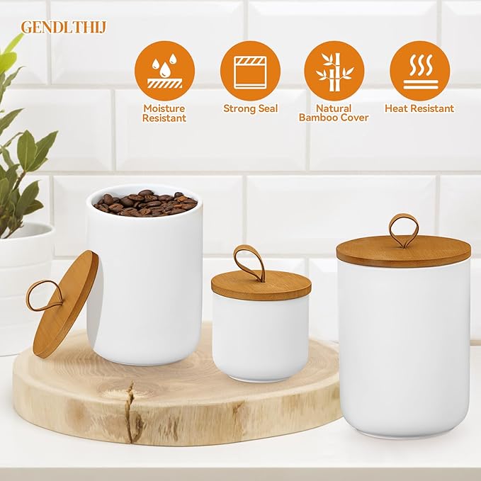 Canister Sets for Kitchen,Ceramic Kitchen Canisters for Countertop with Airtight Wood Lids for Serving Ground Coffee, Tea, Spice, Grains, Sugar, Salt (White Pack of 3 (8.7/27/44 Oz))-Ruum Studio Home