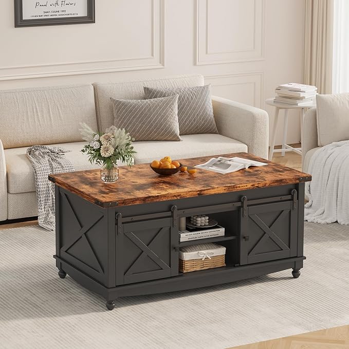 48" Farmhouse Lift Top Coffee Table with Storage Sliding Barn Door & Large Hidden Compartment, Coffee Table with Lifting Top with Wooden Lift Tabletop, Coffee Tables for Living Room, Black-Ruum Studio Home