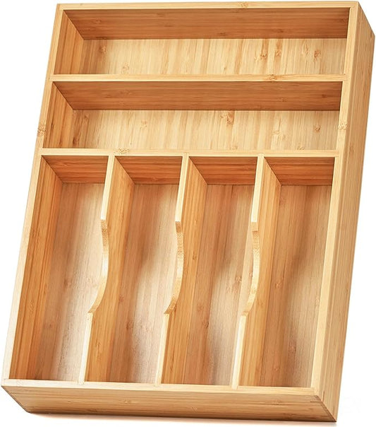 Umilife Kitchen Drawer Organizer, 12 Inch Silverware Utensil Tray Holder, Extra Deep, with Non-Slip Feet & Grooved Drawer Divider, 6 Slots Total Bamboo Wood Caddy for Flatware Cutlery Knives-Ruum Studio Home