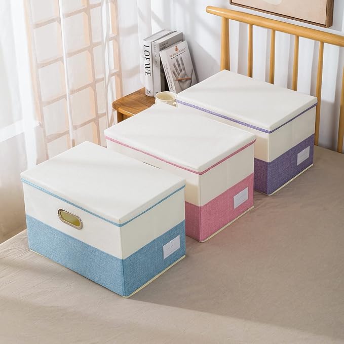 PRANDOM Collapsible Storage Bin with Lid [3-Pack] Fabric Foldable Storage Box Organizer Container Basket Cube with Cover for Home Bedroom Closet Office Nursery Purple&Cream(14.9x9.8x9.8)-Ruum Studio Home