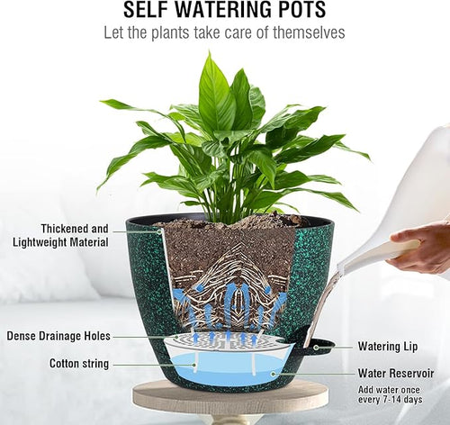 10 inch Self Watering Hanging Planters, 2 Pack Hanging Flower Pots for Indoor Outdoor Plants, Hanging Baskets with Drainage Holes & 2 Kinds of Plant Hangers for Home Decor, Speckled Black-Ruum Studio Home