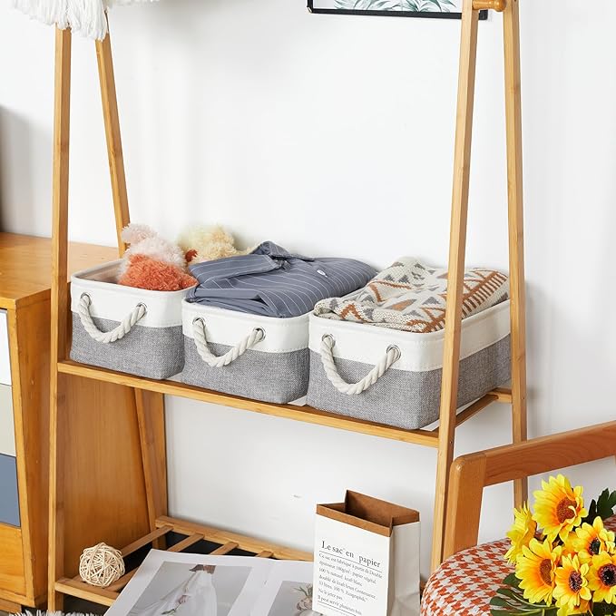 Bidtakay Small Baskets Fabric Storage Baskets for Organizing 3-Pack 12x8x5 Inch Collapsible Storage Bins for Shelves Canvas Bins for Closet Organization Home Baskets Storage Linen Closet S-White&Grey-Ruum Studio Home