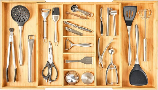 Umilife Extra Large Expandable Kitchen Drawer Organizer for Utensil and Junk, 19" Deep for Big Drawer, 19" to 33" Adjustable Bamboo Wood Drawer Divider, Cutlery Tray, Flatware Holder-Ruum Studio Home