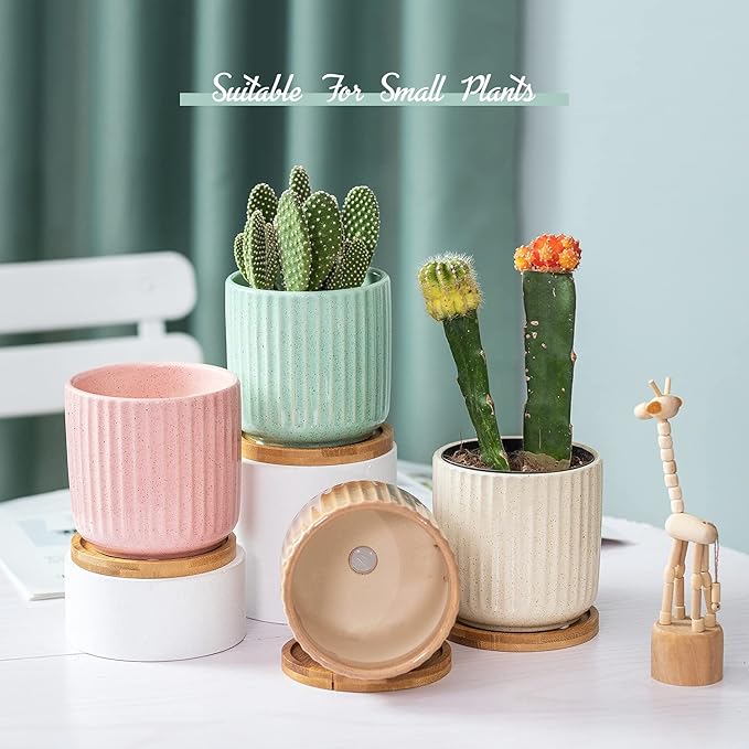 TAMAYKIM 4 Inch Cylinder Ceramic Boho Plant Pots with Drainage Hole and Saucer, Glazed Multicolor Flower Pots for Succulent, Snake Plant, Cactus and Herbs, Set of 4 (Plant Not Included)-Ruum Studio Home