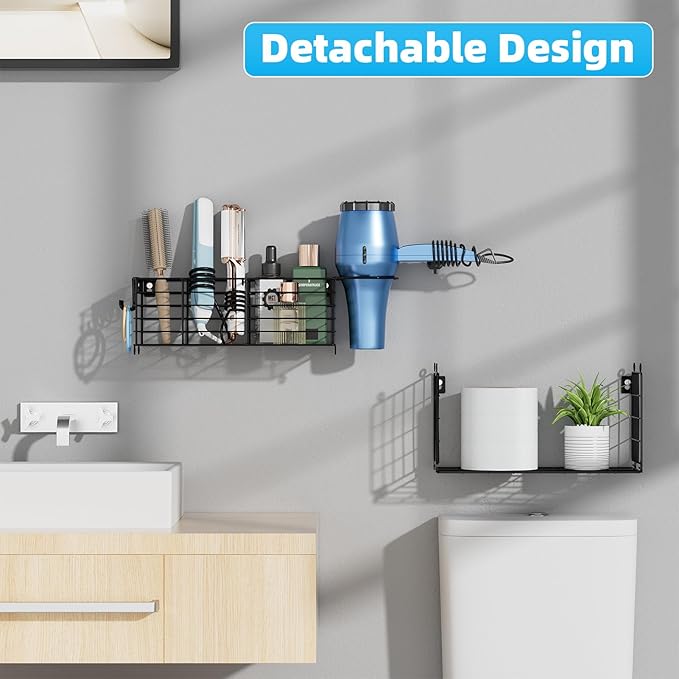 VITVITI Metal Hair Tool Organizer with Toilet Paper Basket, Bathroom Blow Dryer Curling Iron Holder Wall Mount, 2 Tiers Styling Tools Organizer for Straightener with Hooks, Black-Ruum Studio Home
