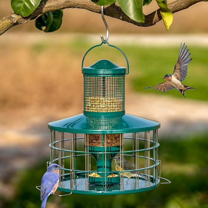 Upgraded Caged Bird Feeders Squirrel-Proof, Flexible Adjustment of Grille Size, 3 Lbs Seed Capacity, DIY Starling-Proof Caged Tube Hanging Wild Bird Feeder, Attract Small Birds(Deep Green)-Ruum Studio Home