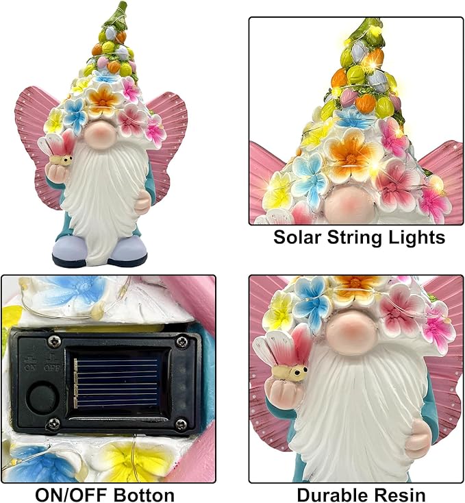 BAYN Garden Gnome Statues Outdoor Decor, Solar Powered Outdoor Gnome with Butterfly Wing Decorative Yard Garden Lights Art Gifts with 11 Warm White LEDs-Ruum Studio Home
