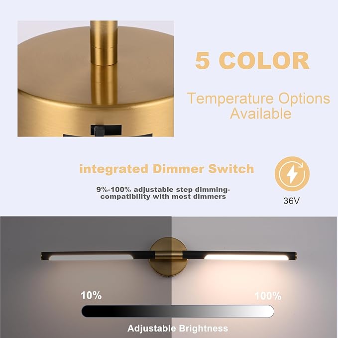 BONLICHT Bathroom Light Fixtures Over Mirror 24 Inch, 12W 350°Rotatable Dimmable 2700-5500K LED Wall Vanity Light Bar Black and Brushed Brass Modern Bathroom Vanity Lights picture and display lighting-Ruum Studio Home