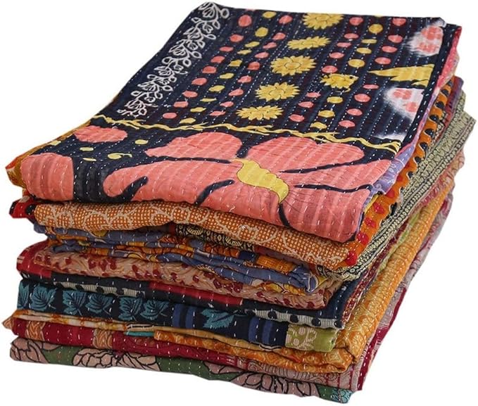 Wholesale Mix lot Tribal Kantha Quilts Reversible Vintage Cotton Bedspread Sari Throw Old Assorted Patches Bed Cover Rally (5)-Ruum Studio Home