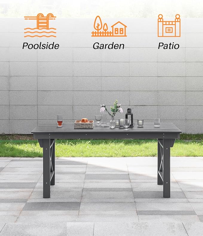 HDPE Outdoor Dining Table, 66.9” Rectangle Patio Dining Table for 6, All-Weather HDPE Outdoor Table with 2.2” Umbrella Hole, HDPE Patio Furniture for Deck, Backyard, Garden, Pool, Smoke Gray-Ruum Studio Home
