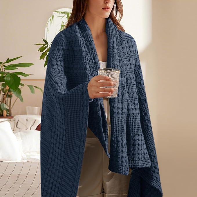 PHF 100% Cotton Waffle Weave Throw Blanket, Soft Lightweight Breathable Cozy Summer Throws for Couch Bed Sofa, Luxury Aesthetic Woven Blanket for Home Decor & Office, 50"x60", Dark Navy-Ruum Studio Home