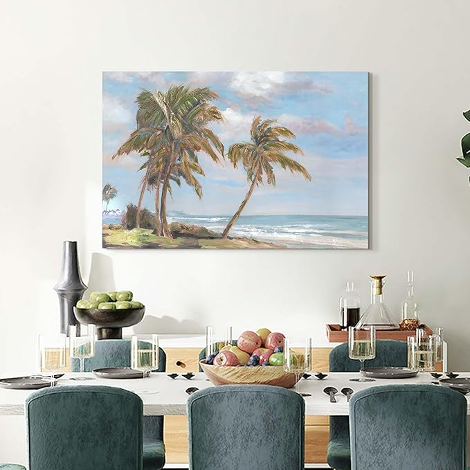 cozy country Palm Tree Wall Art 45"x30" - Coastal Pictures Beach Canvas Ocean Decor - Nautical Artwork Seascape Hand Painting for Living Room, Bedroom, Sea House-Ruum Studio Home