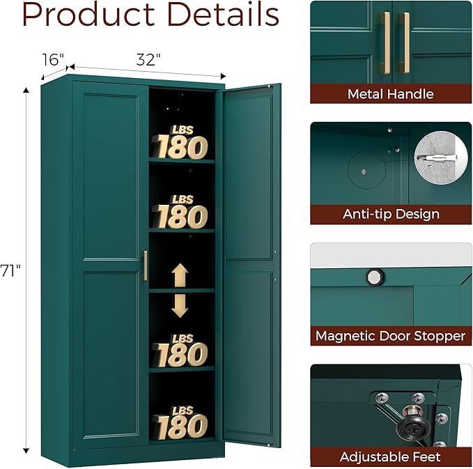 71" Metal Pantry Cabinet, Tall Kitchen Pantry Storage Cabinet with 4 Adjustable Shelves and Gold Handles, Green Cupboard for Kitchen, Dining Room, Living Room-Ruum Studio Home